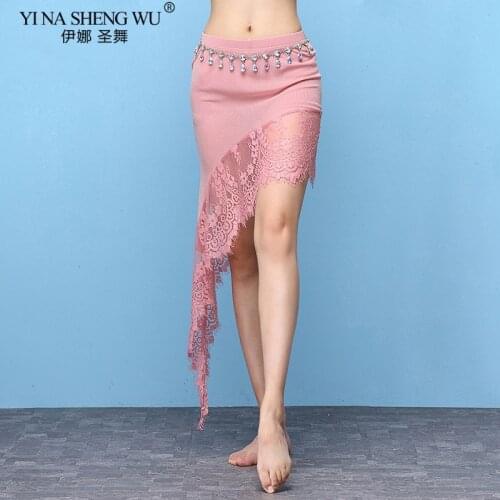 Women Belly Dance Costume Skirts Asymmetry Sexy Wrap Split Silver Mesh Lace Practice Skirt Bellydance Skirt Dancing wear New
