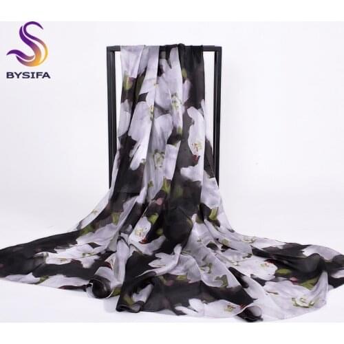 [BYSIFA] Black White Women Winter Long Scarves Wraps 2018 New Autumn Ultralong 100% Silk Scarf Shawl Elegant Floral Ladies Scarf