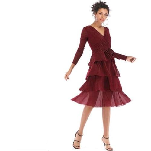Hot Sale Russia Women Dress Elegant Long Sleeve Mid Calf Dresses Black/Wine Red Color Cake Vestidos De Fiesta Mujer 2019 Spring