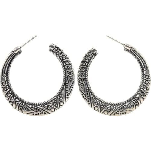 1 Pair Bohemia Tribal Retro Punk Carve Pattern Round Hoop Earrings Ancient Metal Color Hip Hop Earring For Women JewelryE843-T2