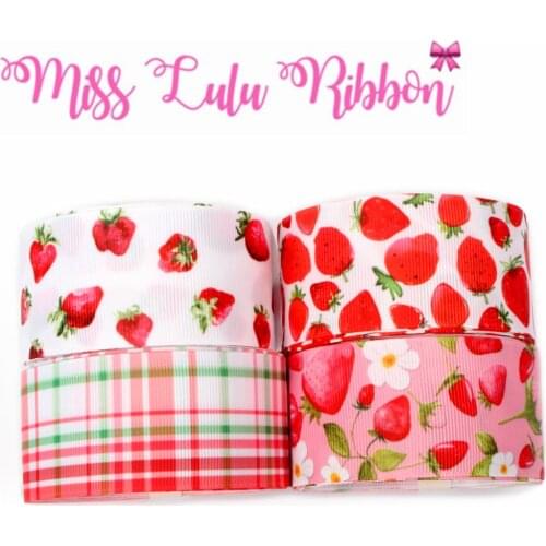 16mm-75mm Strawberry Series Check Stripe Flower Printed Grosgrain/Elastic Ribbon DIY Hair Bowknots Party Decor 50yards/roll