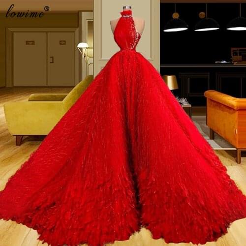 2021 New Fashion Red Evening Dresses A-Line Elegant Halter Fairy Pageant Dresses For Women Party Photography Gowns With Feathers