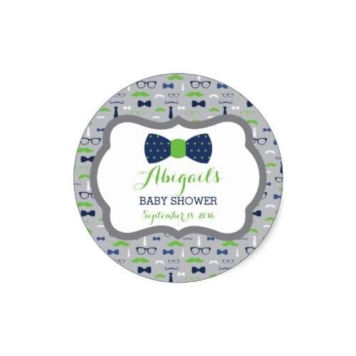 3.8cm Little Man Baby Shower Sticker, Blue, Green, Gray Classic Round Sticker