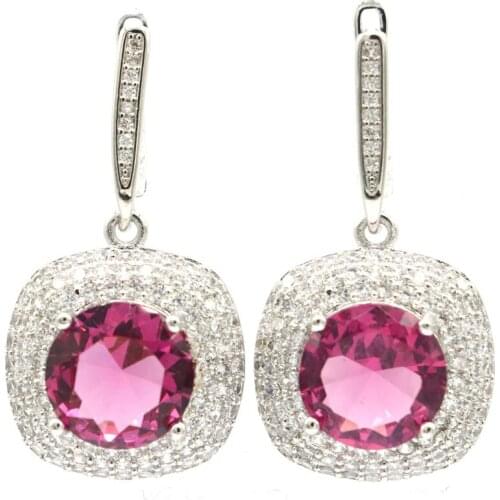33x18mm SheCrown Round Shape Created Pink Tourmaline Violet Tanzanite White CZ For Sister Fine Jewelry Silver Earrings