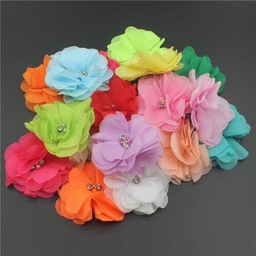 50/120/300pcs 2.5" Pearl Rhinestone Fluffy Chiffon Flowers For Baby Girls Headbands Barefeet Sandals Clothes Sewing Accessories