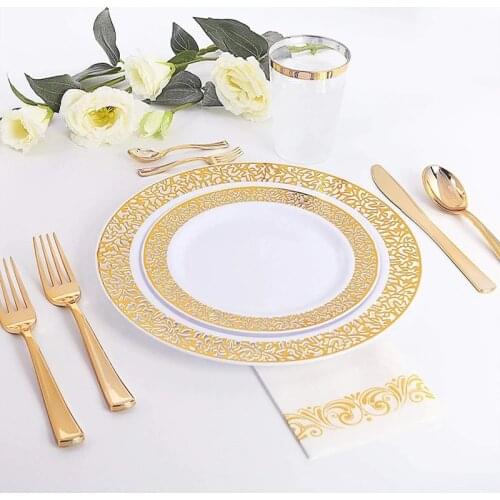 60pcs/lot Wedding party home supplie Plastic Party Plates for 10 people party Gold Disposable Plates Plastic Wedding Supplies