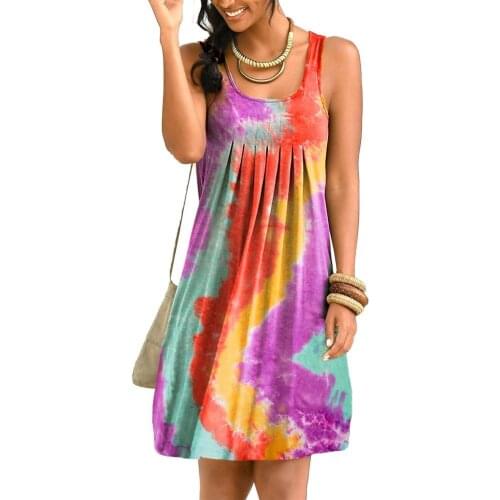 80% HOT SALES!!! Women Casual Sleeveless Scoop Neck Tie Dye Pleated Large Hem Sundress Dress