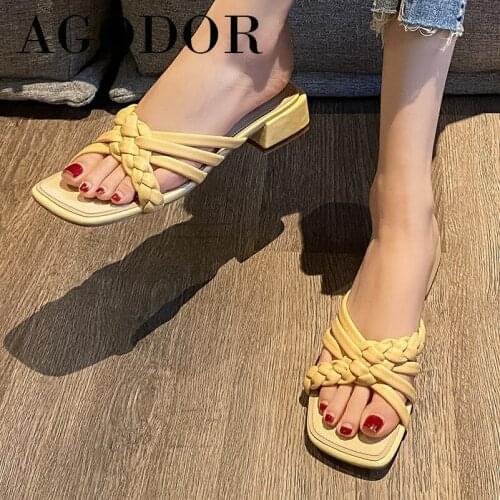 AGODOR Square Toe Slides Woman Shoes Med Heels Chunky Heel Slippers Shallow Sandals Ladies Casual Footwera Summer Beige Size 40