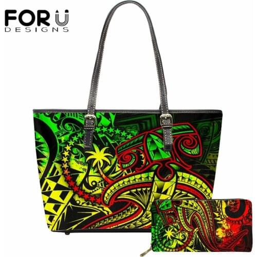 FORUDESIGNS Chuuk Polynesian with Shark Tirbal Pattern 2pcs Brand Design Women Tote Handbags and Wallet Set Trend Ladies Purse