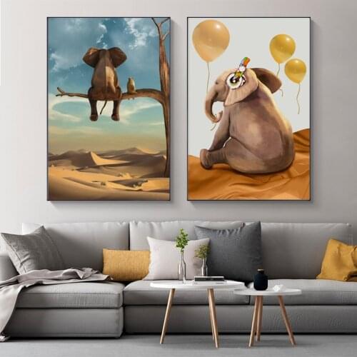 Lovely Elephant Painting Picture Cartoon Animal Accompany Poster Nordic Wall Art Picture for Childrens Room Modern Home Decor