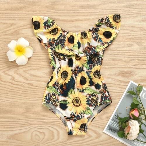 TELOTUNY Swimwear Toddler Kids Baby Girls Sleeveless Ruffles SunFlower Print Bikini One-Piece Swimsuit Beachwear For 1-5Year