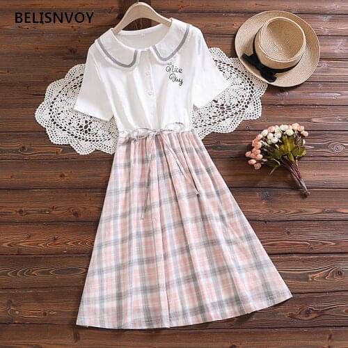 Japanese Preppy Style Summer Women Dress Fake Two Piece Sailor Collar Plaid Embroidery Dress Elegant Cute Kawaii Girls Dress