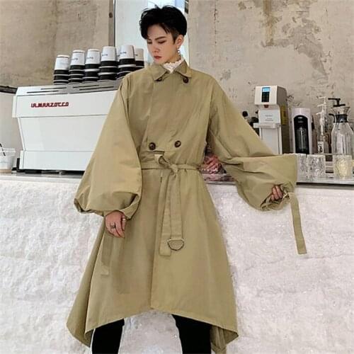Mens trench coats khaki palace oversized lantern sleeve lapel double-breasted skirt long men clothes loose overcoat sleeve B460