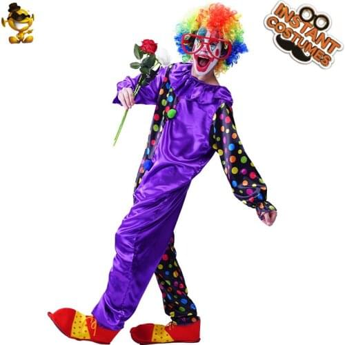 Halloween Mens Cosplay Circus Rainbow Clown Costume Carnival Purple Wave Point Jumpsuit For Unisex Adult Dress Up Funny Party