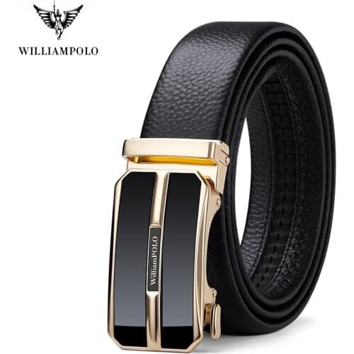 WILLIAMPOLO 2021 Mens leather Brand Belt Men Top Quality Genuine Luxury Leather Belts Strap Male Metal Mirror Automatic Buckle