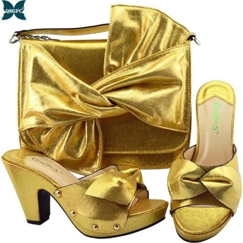 Latest Italian Design Hot Sale New Fashion Gold Color Woman Shoes and Purse Set Elegant Nigerian Women Pumps Shoe for Party