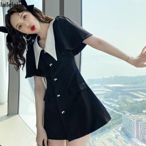 Button Turn-Down Collar Black Dress Puff Sleeve A-Line Vestidos Mujer Verano 2021 Women Elegant Cortos Vintage Kobieta Sukienka
