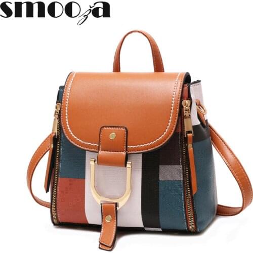 SMOOZA New Casual Plaid Shoulder Bag Fashion Stitching Backpack Brand Female Totes Crossbody Bags Women Leather Bags