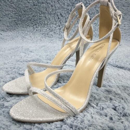 Sexy Silver Glitter Sandals High Heel Bridals Dress Party Women Sandal Summer Popular New Open Toe Ankle Strap Stiletto 10cm Hee