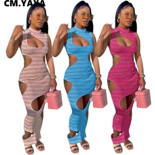 CM.YAYA Striped Cut Out Women Sleeveless Hole Bodycon Midi Maxi Dress for Sexy Night Party Beach Pencil Long Dreses