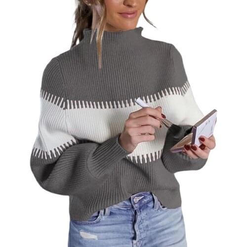 Women Autumn Winter Turtle Neck Long Puff Sleeve Color Block Pullover Sweater Knitwear Loose Ladies Sweater