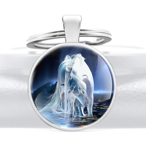 Unique White Horse Glass Cabochon Key Chain Charm Men Women Jewelry Key Rings Gifts
