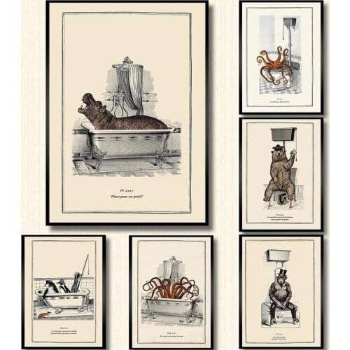 Funny Bathroom Toilet Canvas Painting Animal Bathtub Posters Bear Octopus Penguin Chimpanzee Retro Wall Pictures Art Decoration