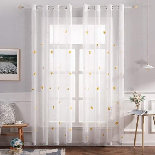 2 Panels White Sheer Curtain Embroidery Yellow Blue Grey Star Tulle Curtains for Kids Room Grommet Top Window Treatments