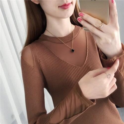 Women Spring Autumn Style Mesh Knitted Sweater Pullovers Lady Casual Solid Color O-Neck Pullovers Tops ZZ1014