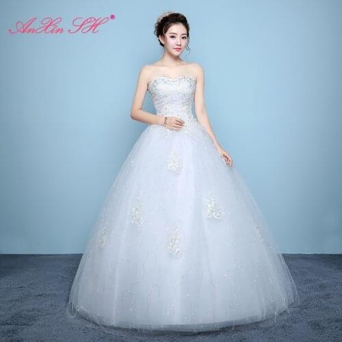 AXJFU princess flower lace white wedding dress vintage strapless sleeveless white party ball gown wedding dress