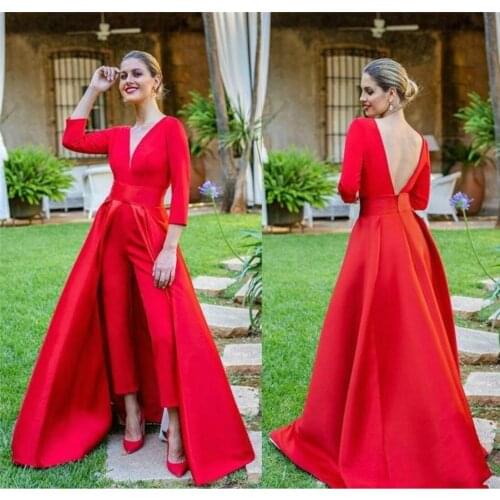 2020 Hot Red Prom Dresses Long Sleev Prom Gowns Custom Jumpsuits Women Formal Evening Dresses Floor-length
