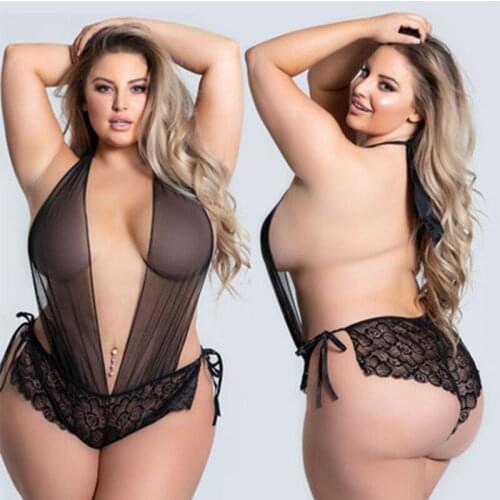 3XL-5XLPlus Size Womens Sexy Leather Lace Lingerie Underwear Porno Hollow Out Babydoll Sleepwear Sexy Teddy Nightgown