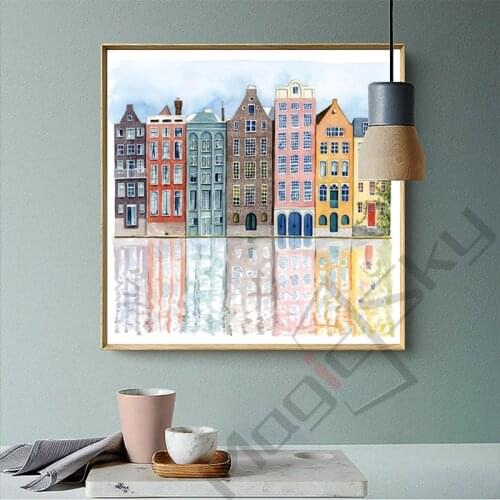 Watercolors Retro Colorful Buildings Hand Painted Posters Prints Canvas Painting Aesthetic Wall Art Living Room Home Decoration