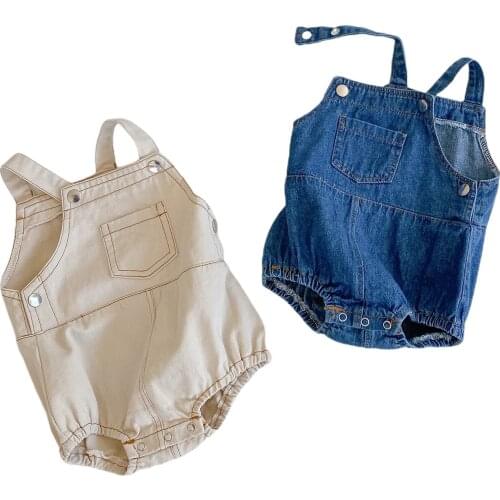 Newborns Jeans Romper Infants Solid Color Jumpsuit Sleeveless Crotch Button Suspender Trousers for Baby Boy Girls Overalls