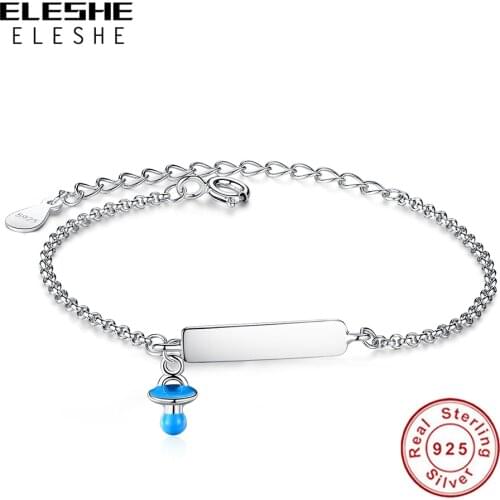 ELESHE 100% 925 Sterling Silver With Blue Enamel Baby Nipple Bracelet Engraved Name Bracelet For Girls Babies DIY Jewelry Gift