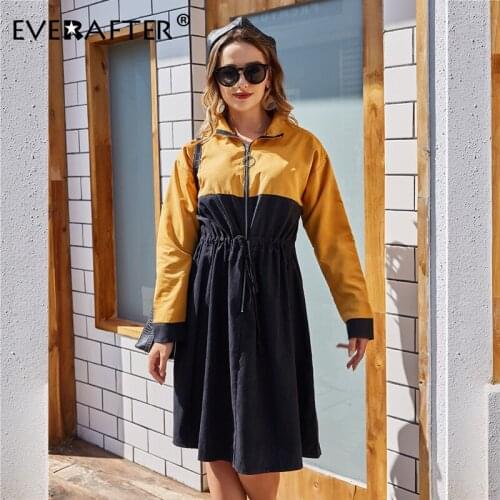 EVERAFTER Streetwear turndown color patchwork dress women Autumn winter zipper Elastic waist bandage fashion party midi dresses