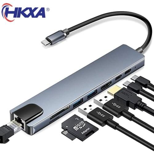 USB C Hub Type-C 3.1 to 4K HDMI-Compatible RJ45 USB SD/TF Card Reader PD Fast Charge 8-in-1 USB Dock For MacBook Air Pro PC HUB