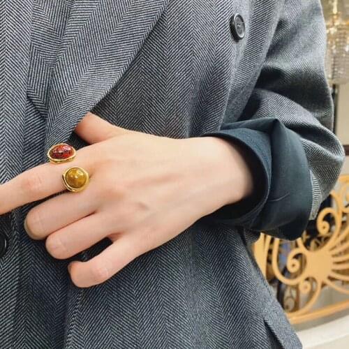 Brass With 18K Gold Natural Cat Eye Stone Statement Rings T Show Cocktail Party Weeding Holiday Ins Rare Elegance Japan Korean