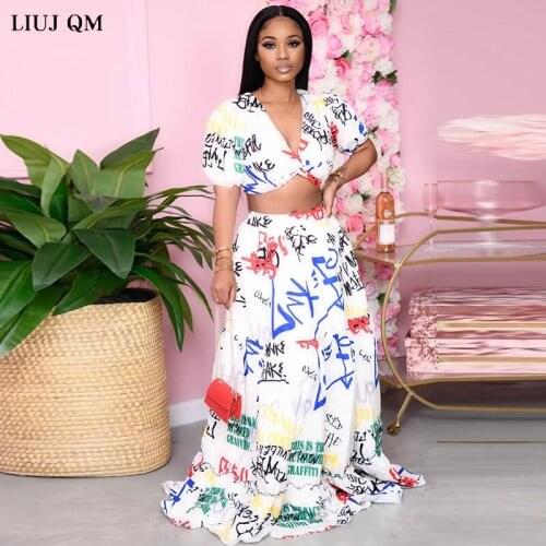 Summer 2-Piece Suit Set Wonen Maxi Skirt Sets Two Piece Print Dress Women Short Sleeves Top And High Waist Bodycon Skirts Suit