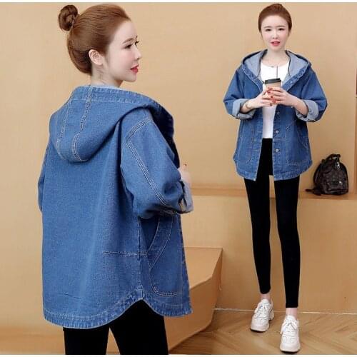 Oversized Denim Jacket Womens Hooded Coat Spring Autumn Loose Female Back Printed Jeans Jacket Plus size Casual Student Outwear