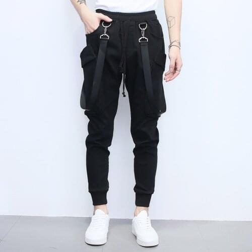 Fashion mens hip hop bib pants mens black slim jumpsuits High street pocket overalls male One-piece Pencil pants Beam foot pant