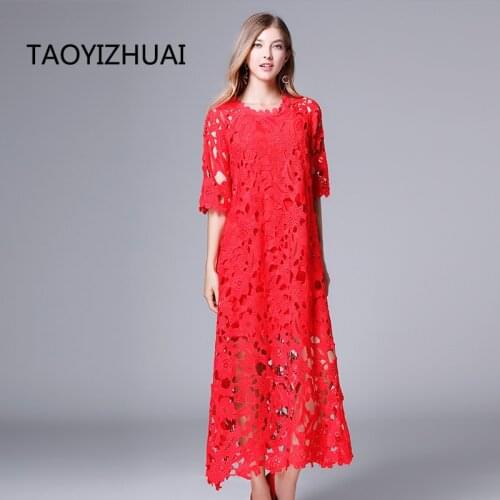 TAOYIZHUAI 2019 New Arrival Spring Chinese Style Ankle Length 100% polyester Plus Size O-Neck Hollow Out Lace Dress Women 14246