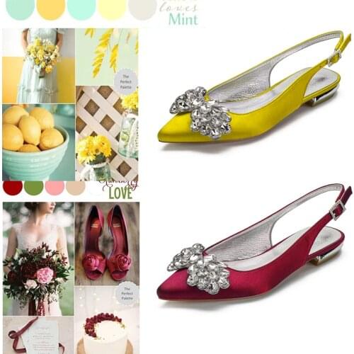New Crystal Bride Wedding Flats Pointed Toe Satin Women Shoes Slingback Evening Party Low-Heel Shoes Casual Autumn