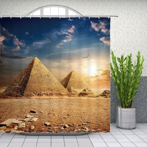 Landscape Shower Curtains Desert Pyramid Famous Sights Scenery Bathroom Decor Home Bath Cloth Hanging Curtain Set With Hooks