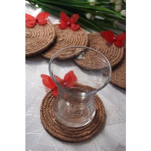 Handmade Coasters Set Of 6 Pieces 10cmArt Red Butterfly Straw With Wooden Base Coaster for Drinks Coaster Coasters Plates Rustic