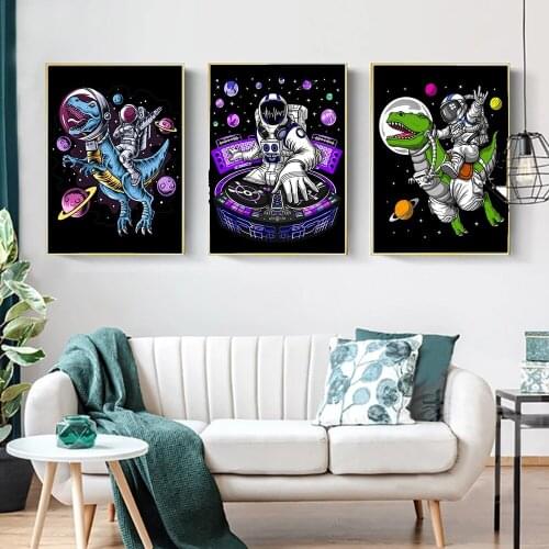 Universe Astronaut and Dinosaur Posters Wall Art Space Station Print Canvas Painting for Living Room Corridor Home Decor Picture