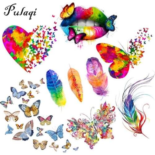 Pulaqi Sexy Lip Stickers Vinyl Heat Transfer Colorful Butterfly Iron On Transfers Patches For Clothes Thermal Applique T-shirts