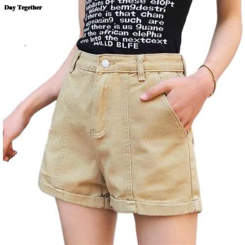 2020 Summer High Waist Jeans Shorts Wide Leg Vintage Loose White Khaki Denim Shorts Womens Casual Cuffs Shorts Femme