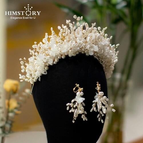 HIMSTORY Luxurious Handmade Pearl Brides Princess Tiaras Headbands Wedding Hair Accessory Prom Party Engagement Head Jewelries