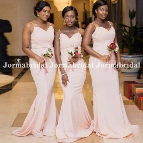 Beaded Spaghetti Strap Bridesmaid Dresses Appliques Blush Pink Mermaid Long Wedding Guest Dress Maid Of Honor Party Gowns